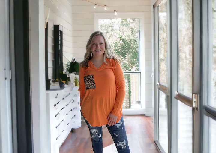 Orange V-Neck Leopard Pocket Top