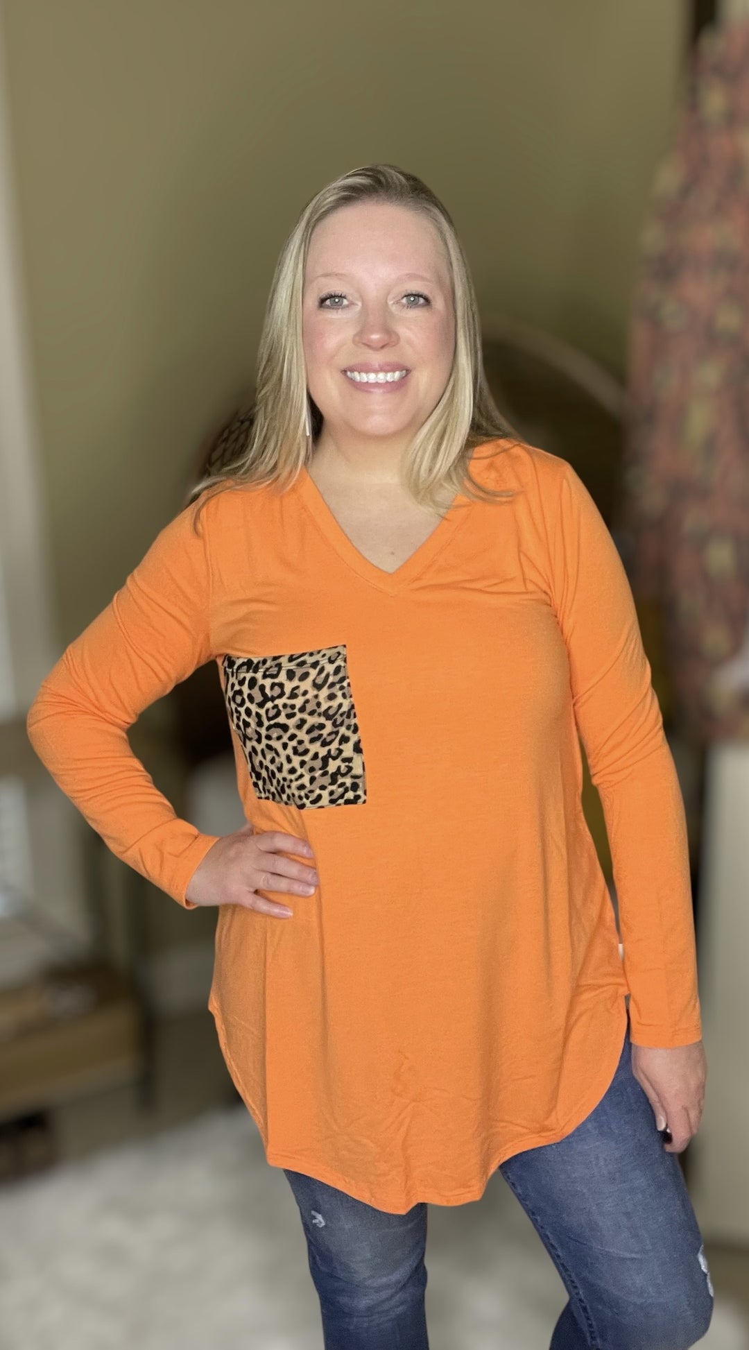 Orange V-Neck Leopard Pocket Top