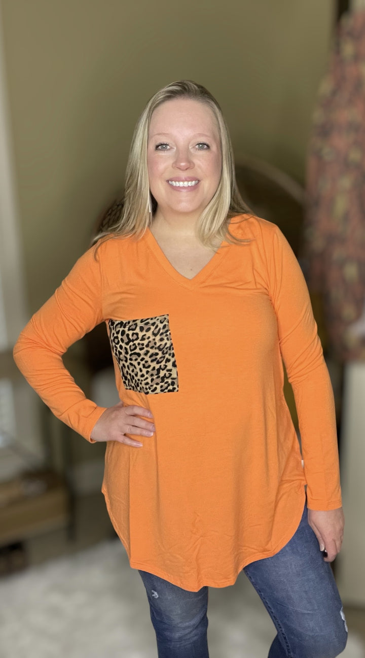 Orange V-Neck Leopard Pocket Top