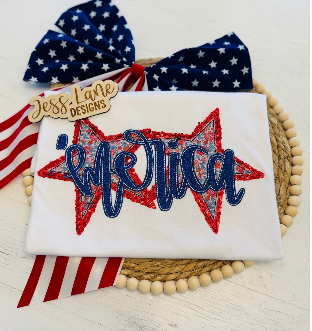 Ready to Ship – ’Merica Sequin Shirt with Stars (Large, White Gildan Tee) 