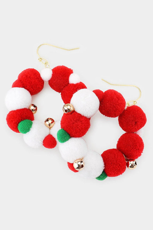 Pom Pom Christmas Wreath Dangle Earrings