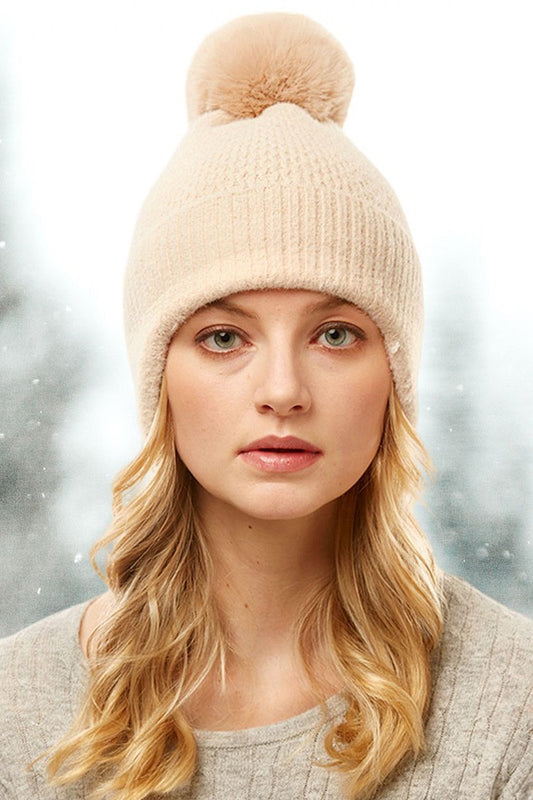 Pom Pom Knot Beanie in Ivory