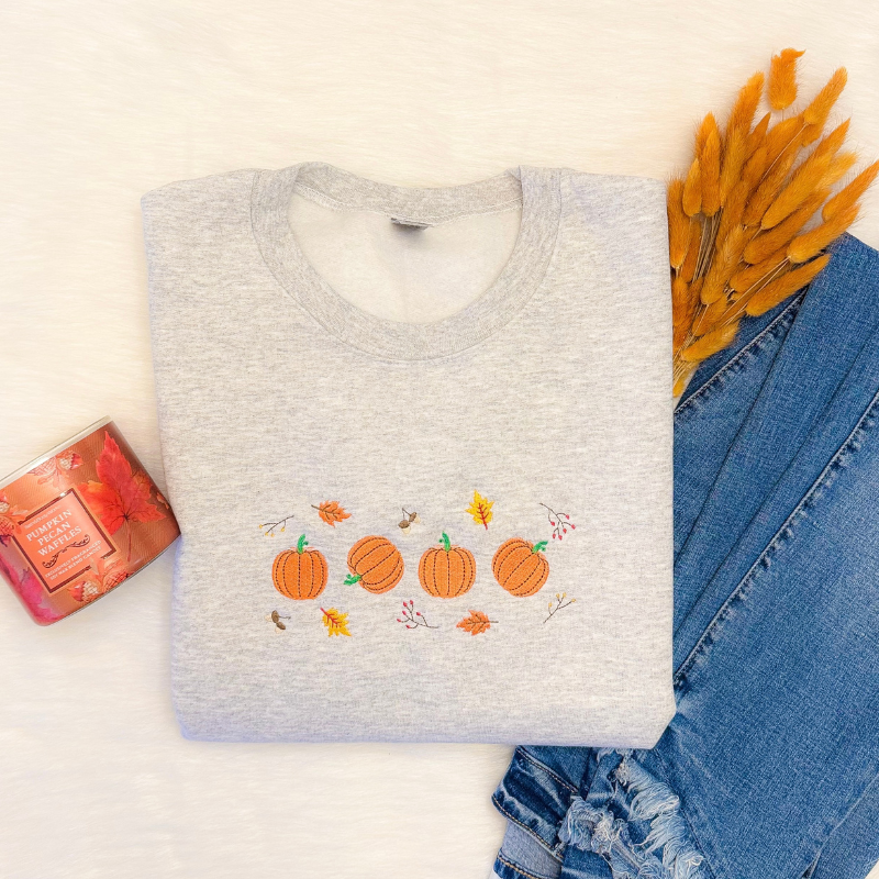Pumpkins and Fall Leaves Embroidered Sweatshirt 