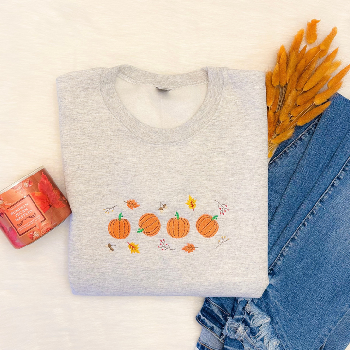 Pumpkins and Fall Leaves Embroidered Sweatshirt 
