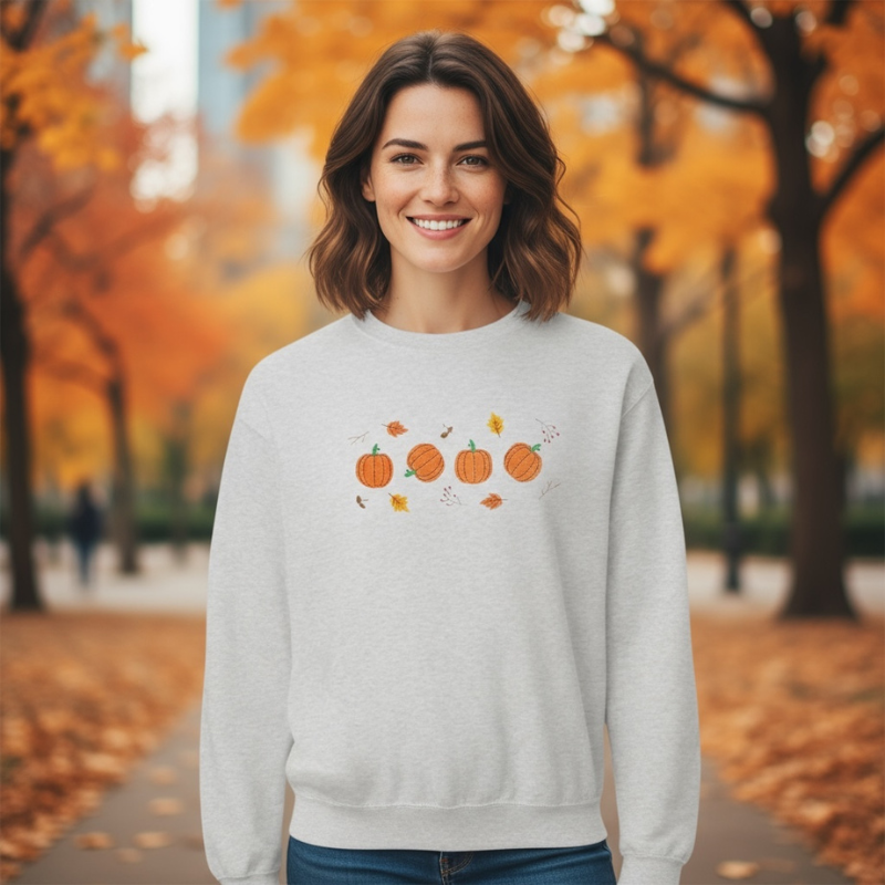 Pumpkins and Fall Leaves Embroidered Sweatshirt 