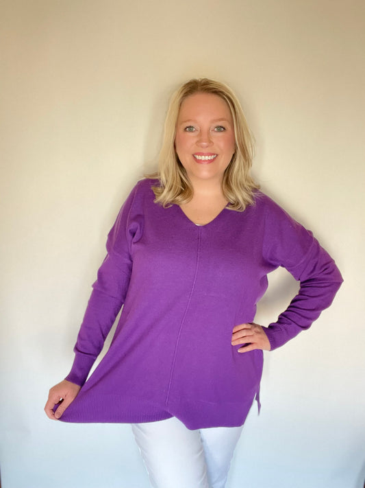 Just Feels Right Purple Front Seam V Neck Sweater