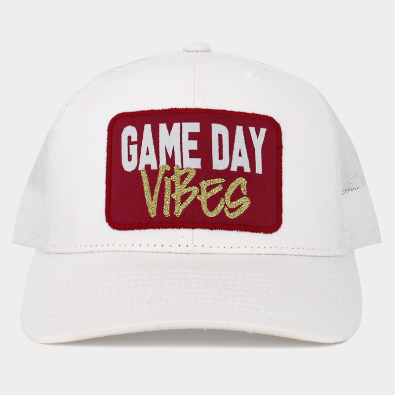Red and white trucker hat with 'Gameday Vibes' embroidered on the front