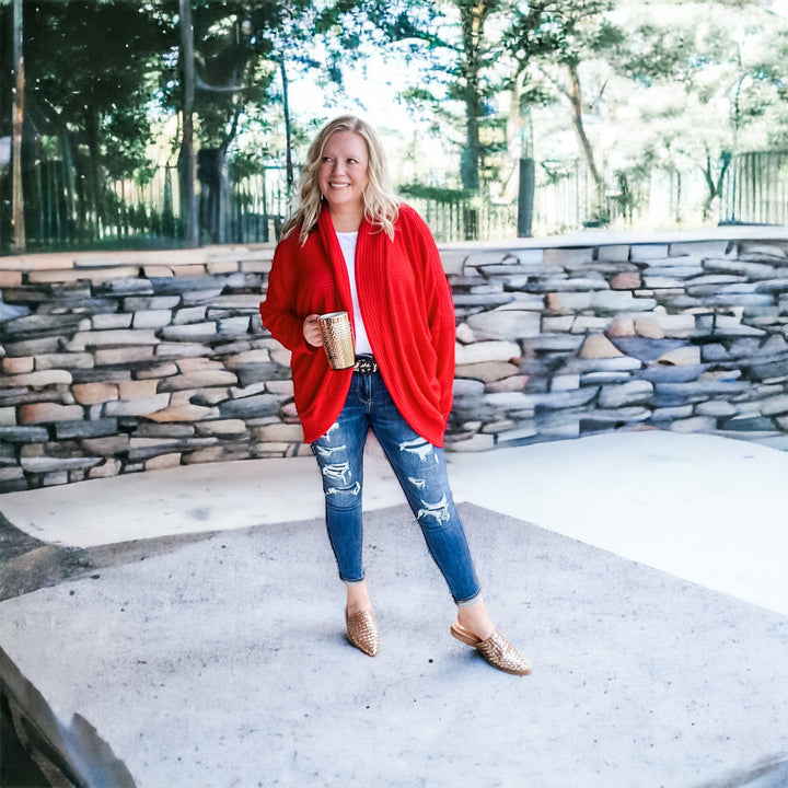 Red Waffled Knit Cardigan with Dolman Sleeves 