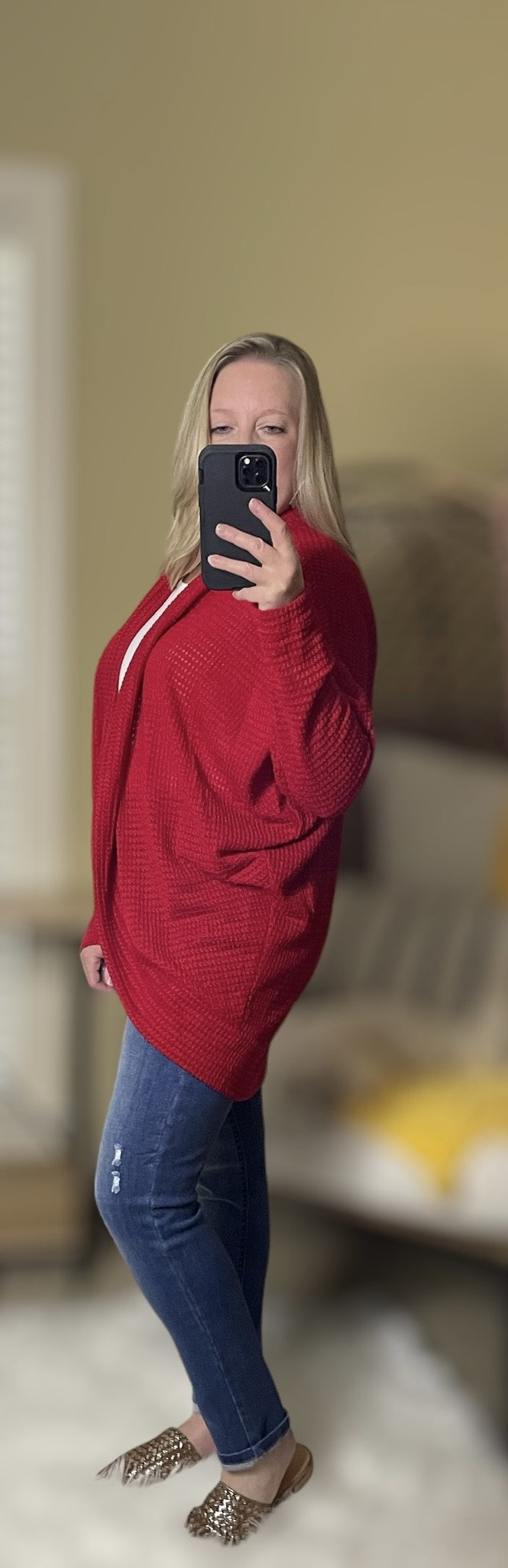 Red Waffled Knit Cardigan with Dolman Sleeves 