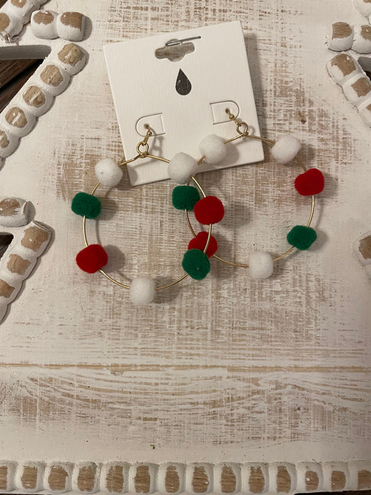 Red, Green & White Pom Pom Dangle Earrings