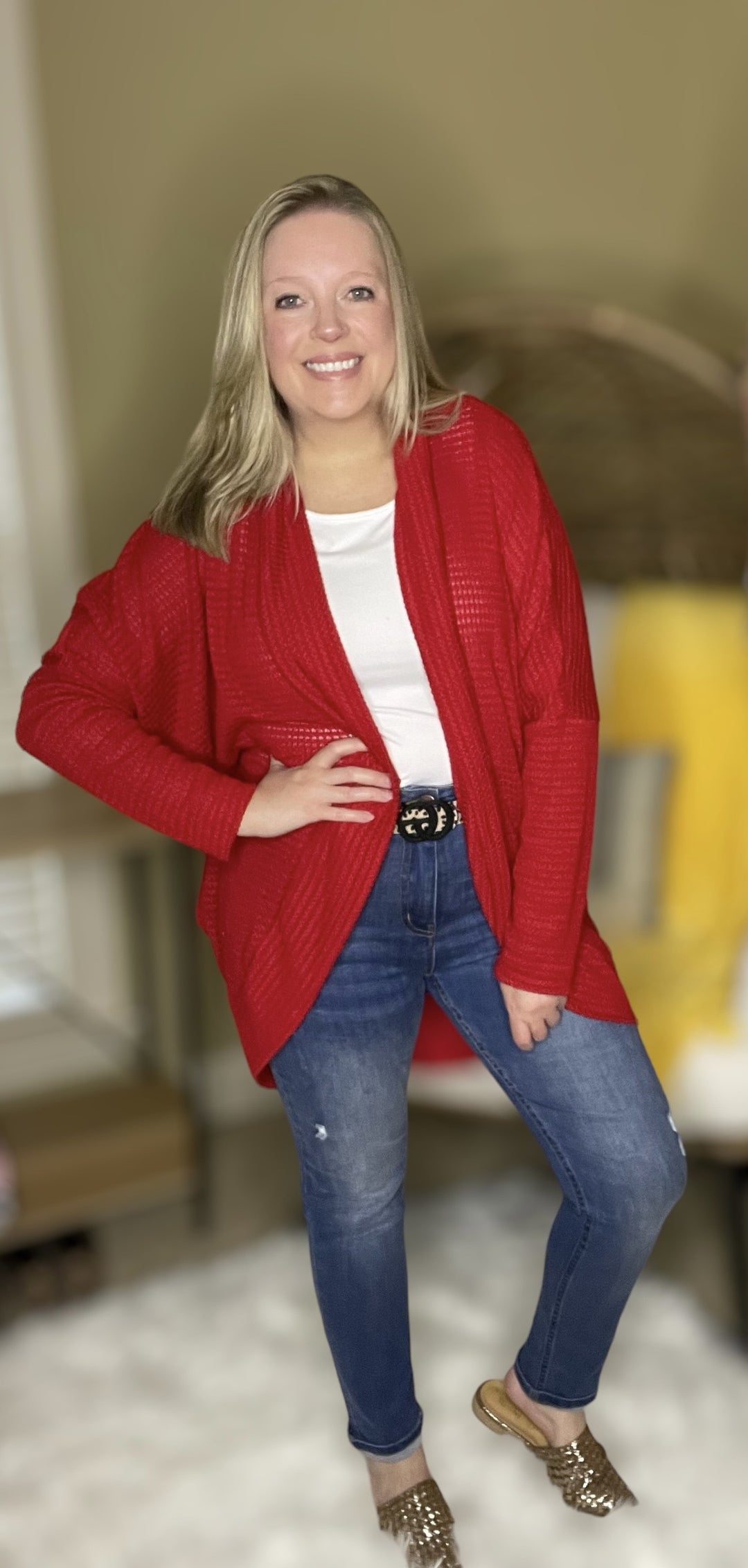 Red Waffled Knit Cardigan with Dolman Sleeves 
