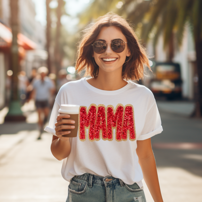 MAMA Embroidered T-Shirt – Gold Glitter & Red Sequin Lettering Tee for Moms