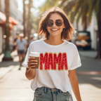 MAMA Embroidered T-Shirt – Gold Glitter & Red Sequin Lettering Tee for Moms