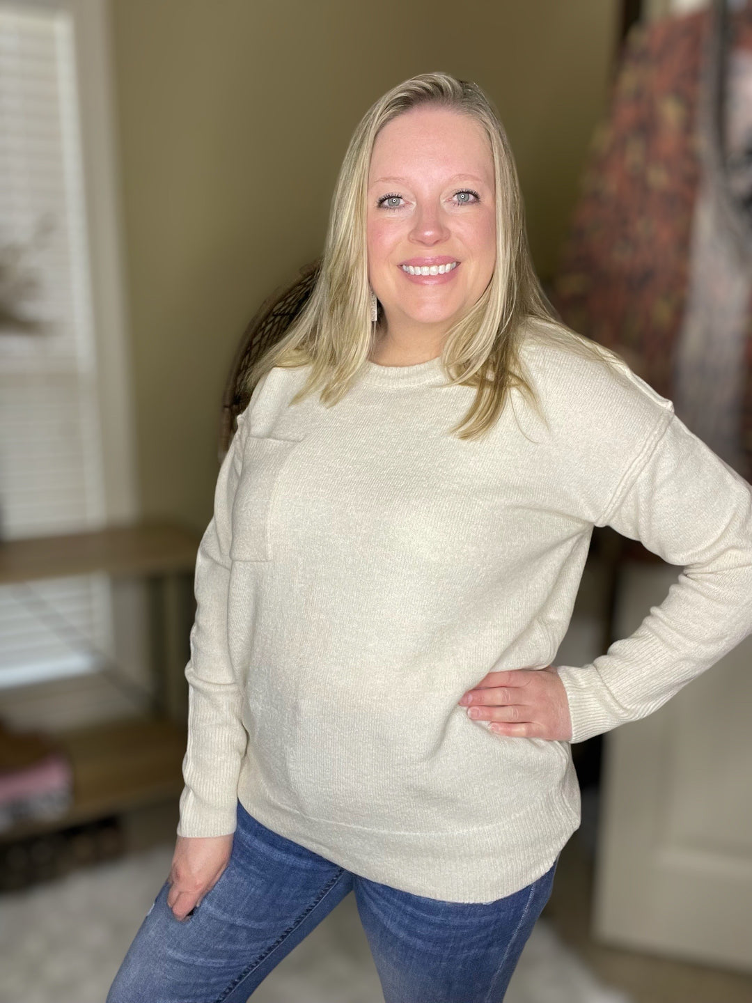 Beige Hi-Low Round Neck Sweater