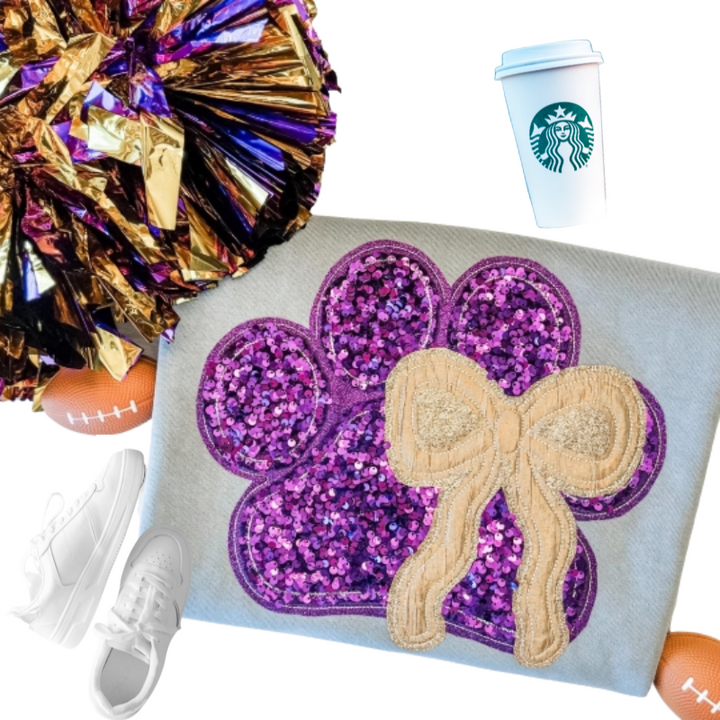 Purple Sequin Paw Gold Bow Sweatshirt - Ready to Ship 