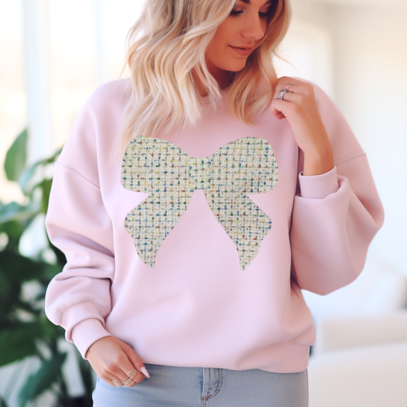 Blush Tweed Big Bow Embroidered Sweatshirt 