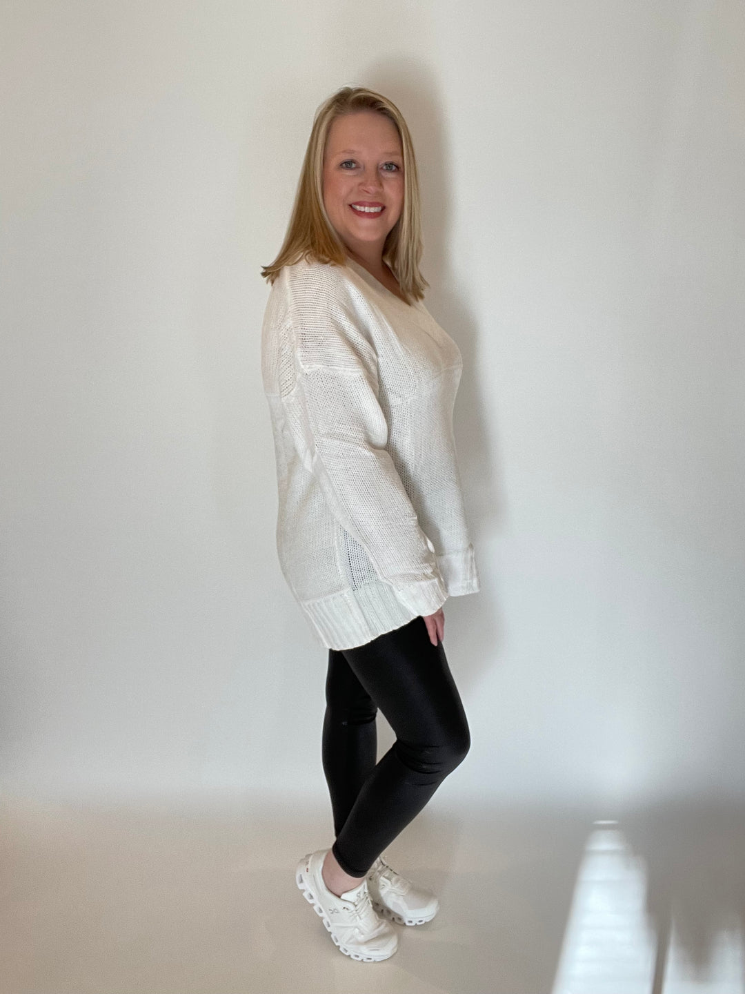 White V-Neck Knit Sweater