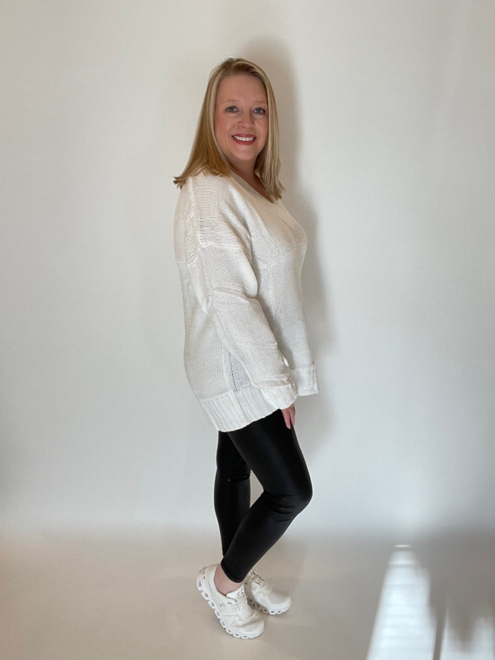 White V-Neck Knit Sweater