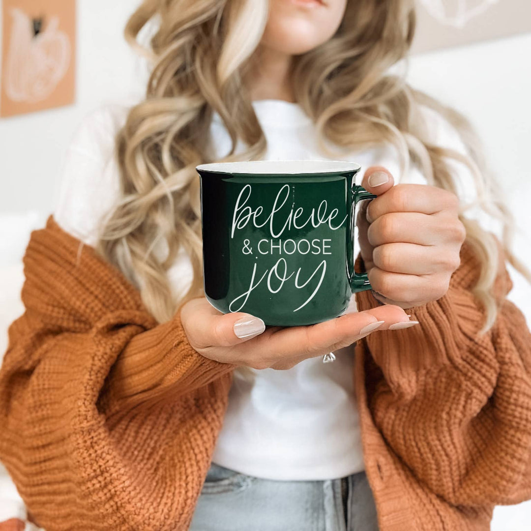 Christmas Coffee Mug – “Believe and Choose Joy” Green Holiday Cup (14.5 oz) 
