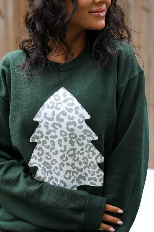 Snow Leopard Christmas Tree Sweatshirt – Forest Green 