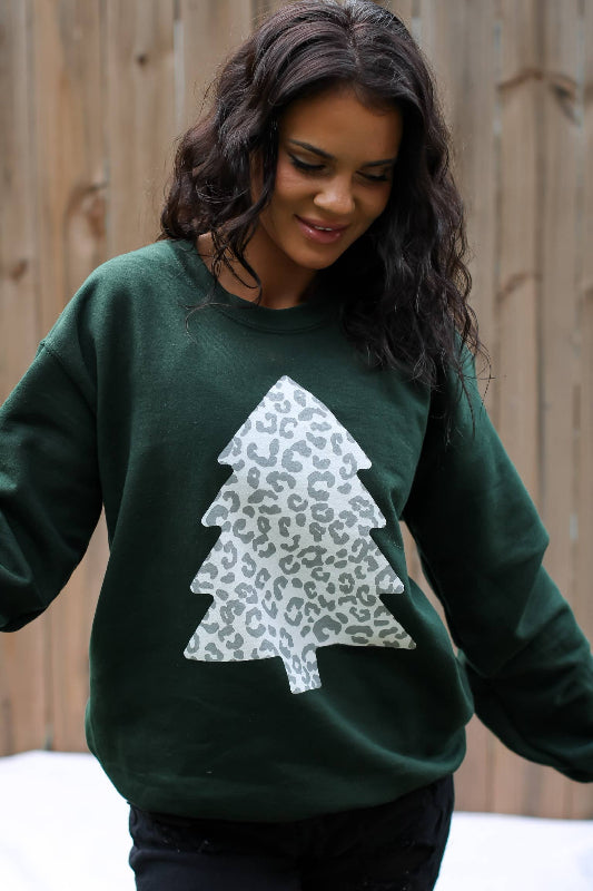 Snow Leopard Christmas Tree Sweatshirt – Forest Green 