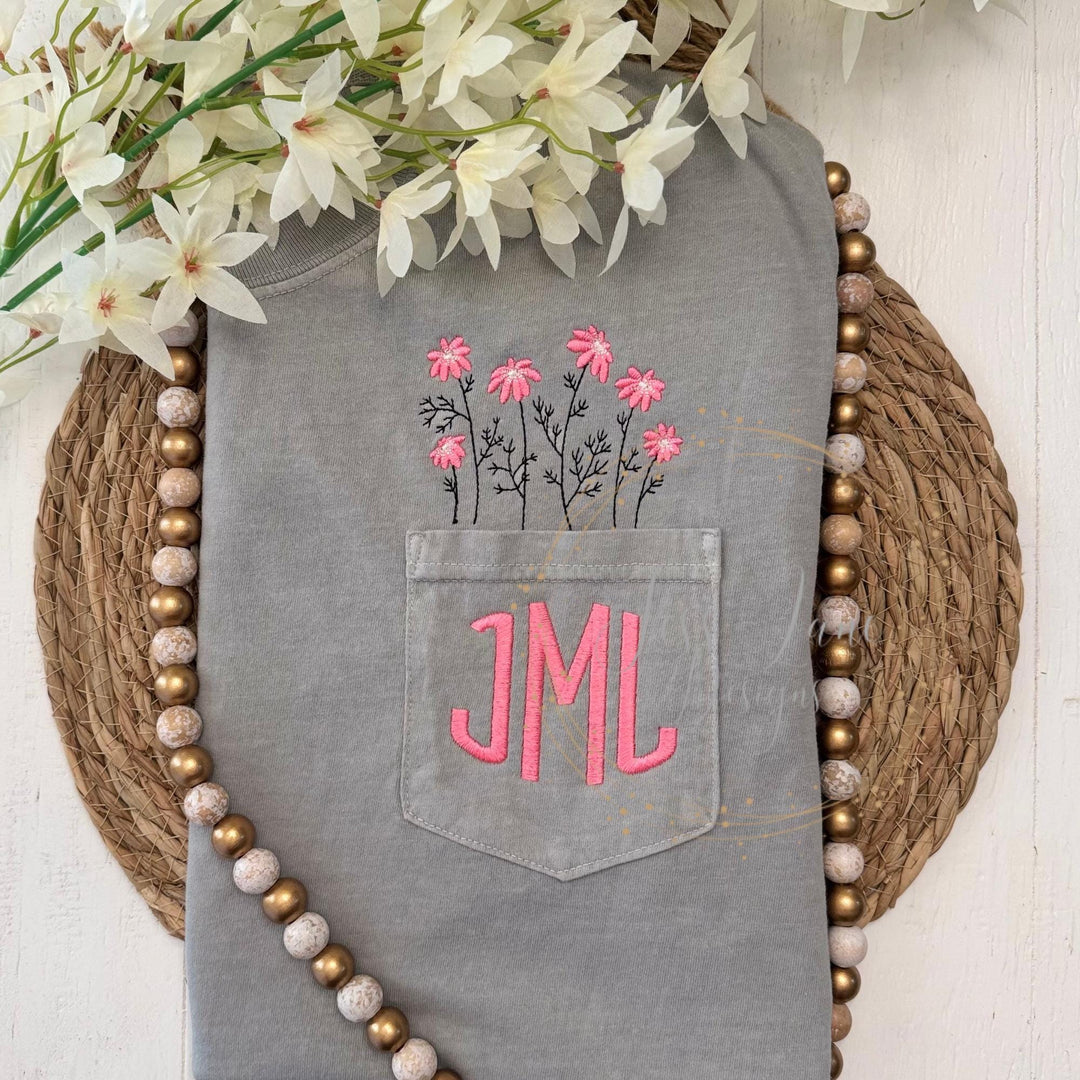 Flowers and Pocket Monogram Embroidered T-Shirt / Monogrammed Comfort Color T-Shirt / Hot Pink Flowers / Floral Pocket / Flowers For Mom