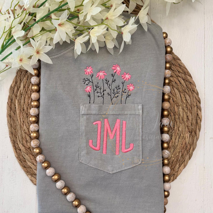 Flowers and Pocket Monogram Embroidered T-Shirt / Monogrammed Comfort Color T-Shirt / Hot Pink Flowers / Floral Pocket / Flowers For Mom