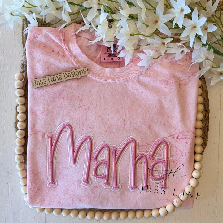 Mama Puff Embroidered T-Shirt | Mama Embroidery | Pink Mama Puff | Girl Mom | Handlettered Mama Puff | Mama Comfort Colors | Mother's Day