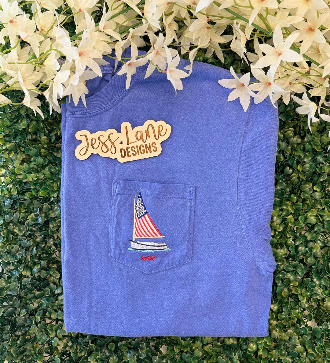embroidered comfort colors pocket tshirt with sailboat and USA flag
