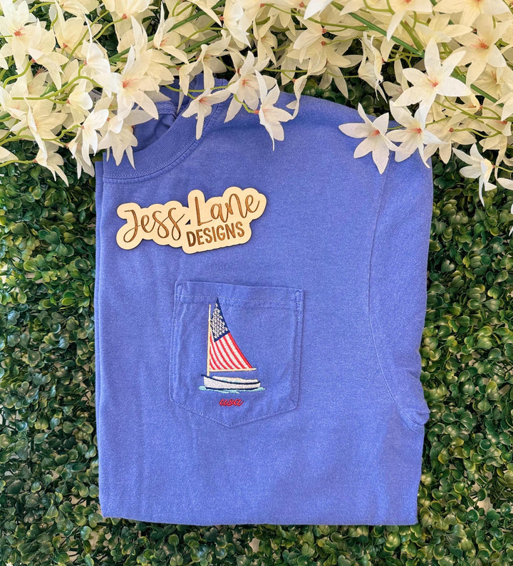 embroidered comfort colors pocket tshirt with sailboat and USA flag