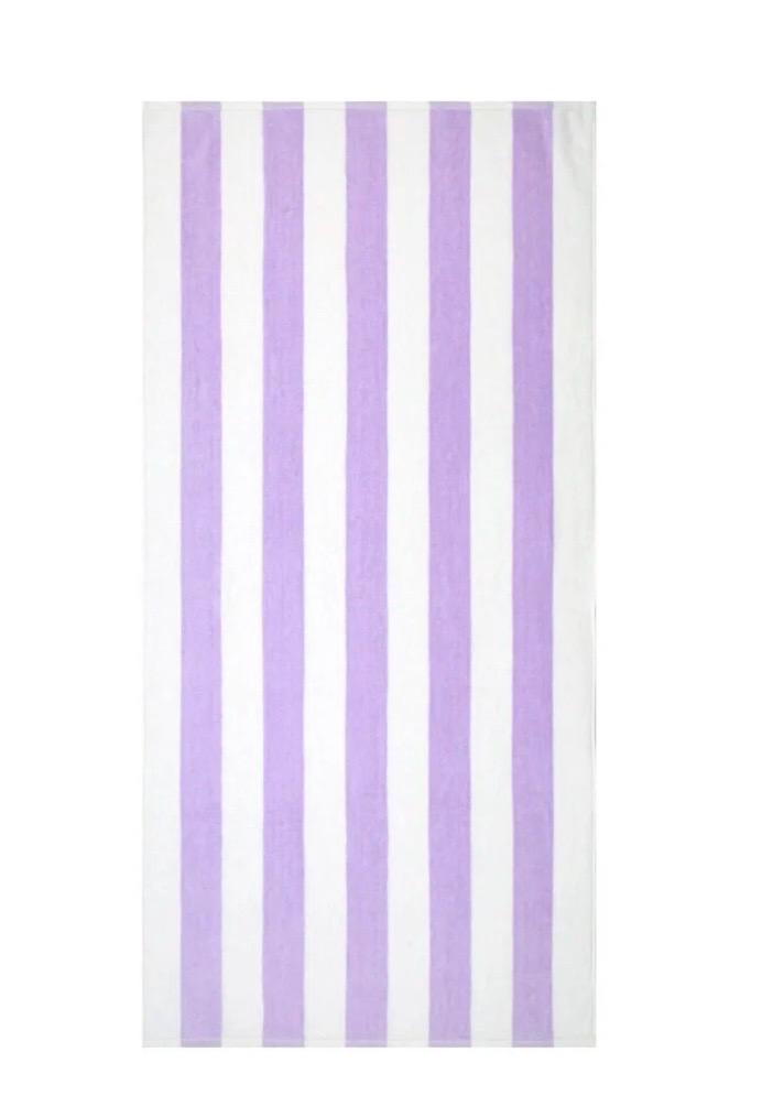 May include: A purple and white striped beach towel.