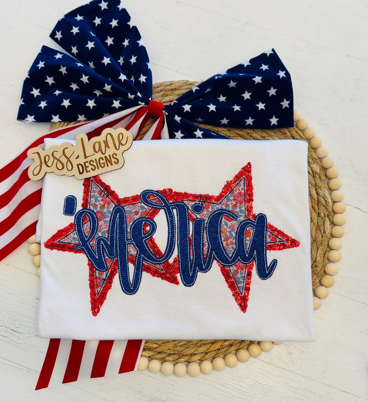 ‘Merica embroidered shirt with red sequins stars and red white blue florals