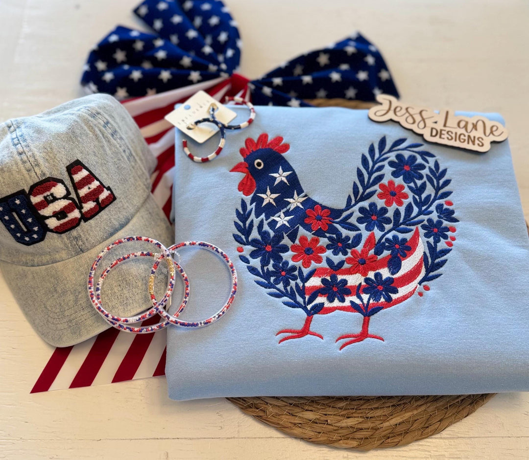 Custom Patriotic Embroidered Chicken Shirt - 4th of July Embroidered Tee - Patriotic Farmhouse - Comfort Colors - Independence Day Outfit