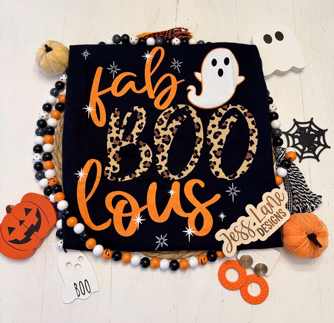 Fab Boo Lous Halloween Shirt | Orange Leopard Print Tee | Halloween Graphic T-Shirt | Spooky Fall Top