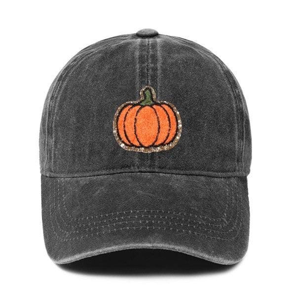 Glitter Chenille "Pumpkin Patch" Baseball Cap – Black Fall Hat