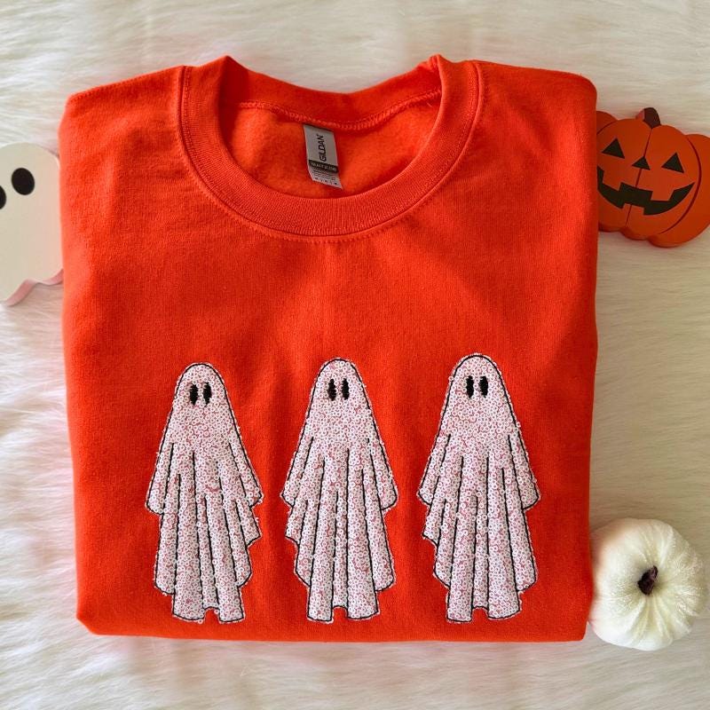 Sequin Ghost Embroidered Sweatshirt | Orange Gildan Crewneck, Halloween Apparel | One Available Medium
