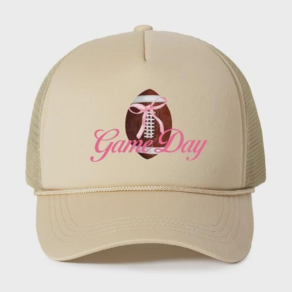Game Day Football Bow Trucker Hat, Beige Snapback Cap, Cute Tailgate Baseball Hat, Sports Mom Gift, Football Spirit Wear Hat