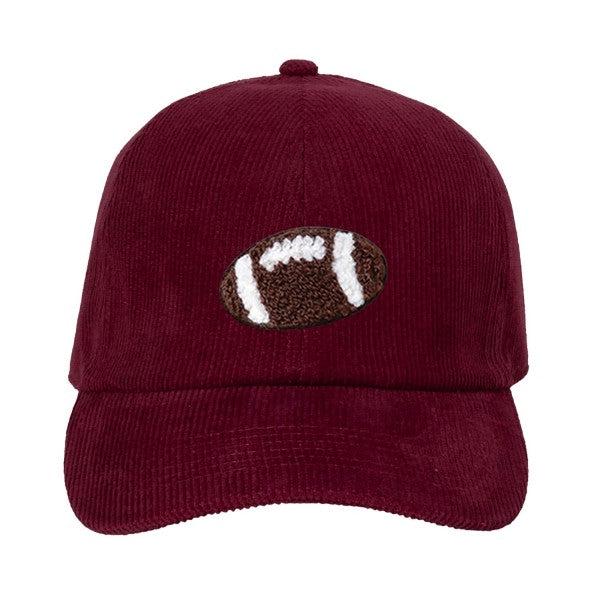 Chenille Patch Football Corduroy Baseball Cap – Burgundy Cotton Hat