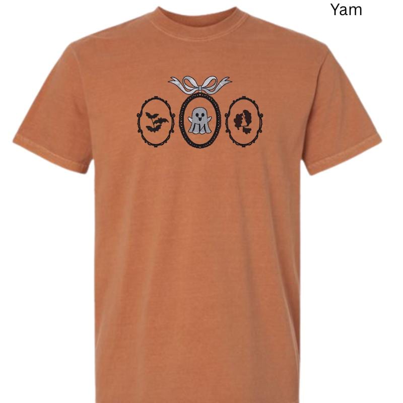 Embroidered Halloween T-Shirt – Haunted Frames, Ghost & Bats