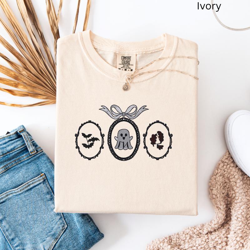Embroidered Halloween T-Shirt – Haunted Frames, Ghost & Bats