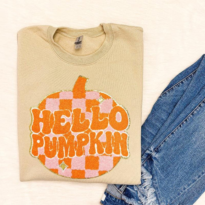Hello Pumpkin Chenille Sweatshirt, Pumpkin Patch Sweatshirt, Fall Sweatshirt for Women, Cozy Autumn Crewneck