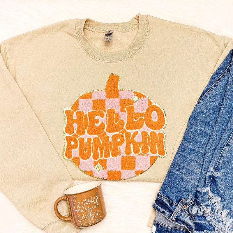 Hello Pumpkin Chenille Sweatshirt, Pumpkin Patch Sweatshirt, Fall Sweatshirt for Women, Cozy Autumn Crewneck