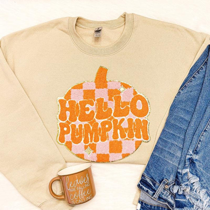 Hello Pumpkin Chenille Sweatshirt, Pumpkin Patch Sweatshirt, Fall Sweatshirt for Women, Cozy Autumn Crewneck