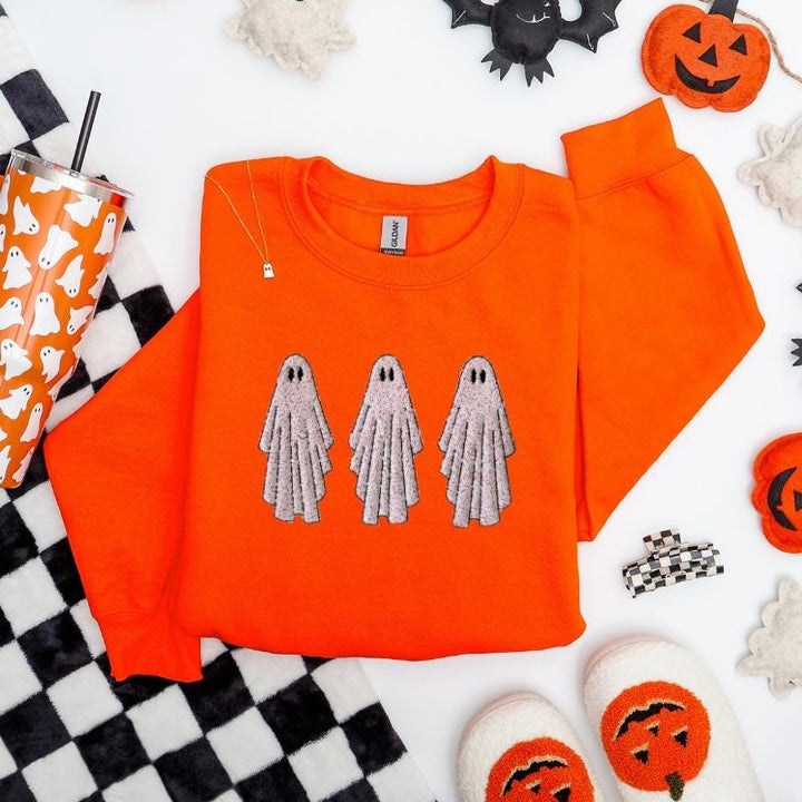 Sequin Ghost Embroidered Sweatshirt | Orange Gildan Crewneck, Halloween Apparel | One Available Medium