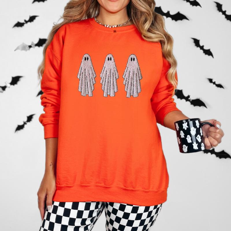Sequin Ghost Embroidered Sweatshirt | Orange Gildan Crewneck, Halloween Apparel | One Available Medium