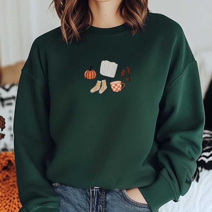 Cozy Fall Embroidered Sweatshirt • Gildan Unisex Crewneck • Pumpkin Patch Autumn Leaves Cozy Gift for Her
