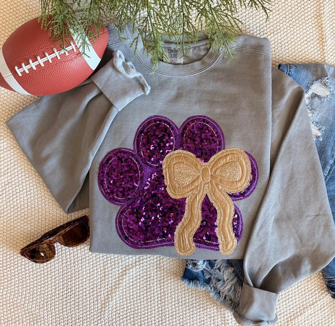 Purple Sequin Paw Sweatshirt, Gold Bow Gameday Crewneck, Comfort Colors Gray (Large)