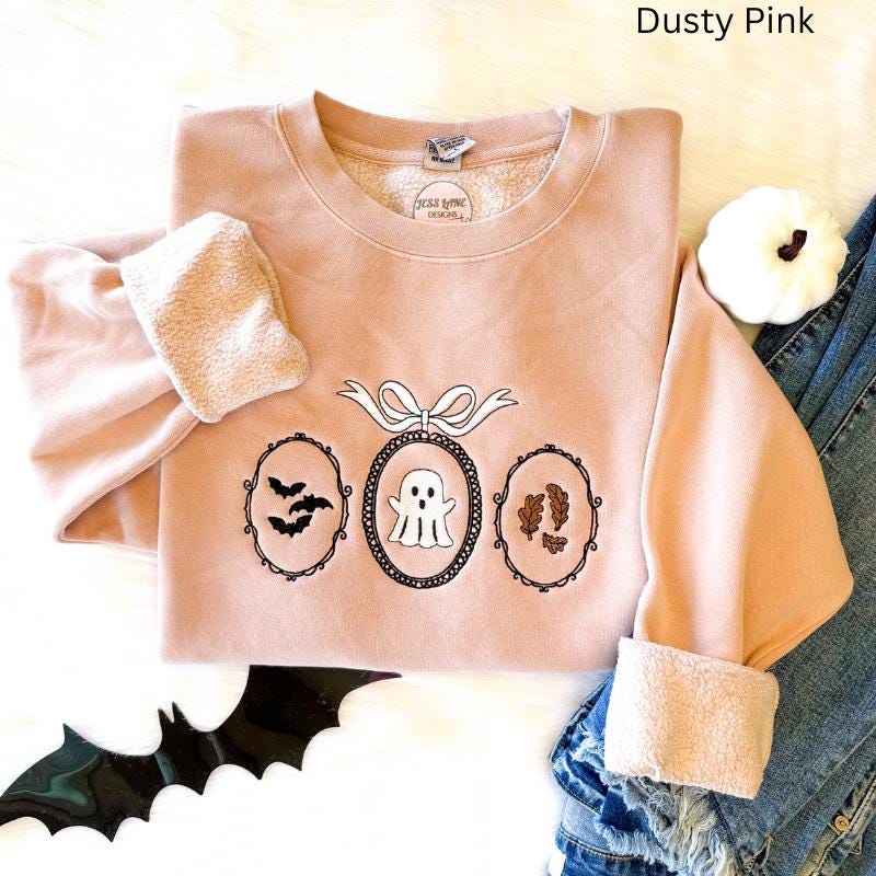 Spooky Season Halloween Sweatshirt | Haunted Frames Embroidery with Ghost, Bats and Leaves | Cozy Autumn Crewneck Pullover Gift