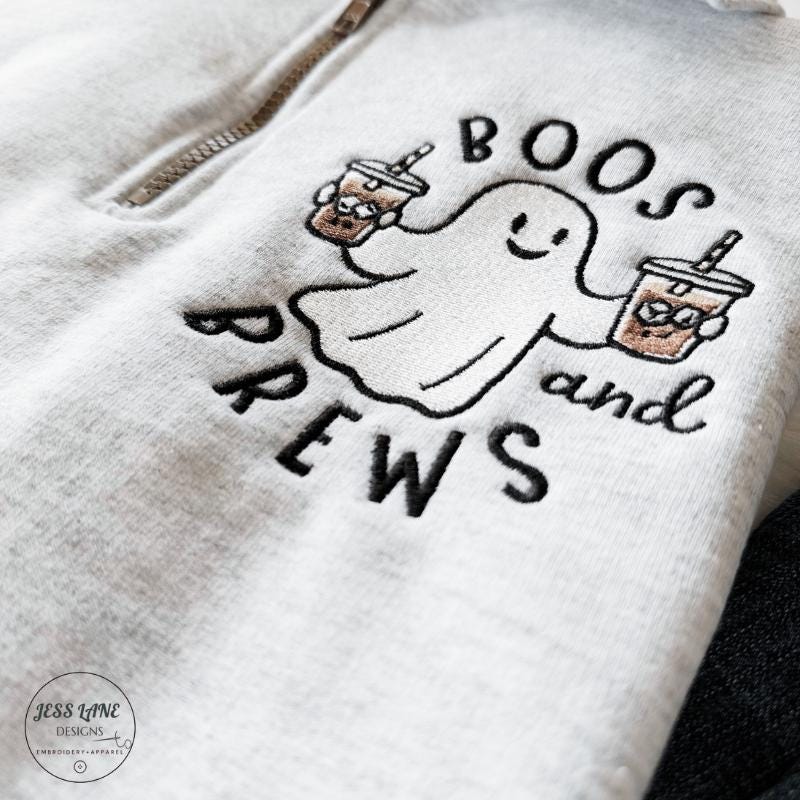Boo’s and Brews Halloween Quarter Zip | Ghost Coffee Embroidered Pullover