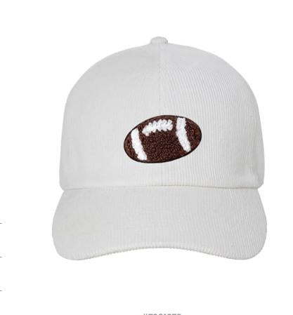 Chenille Patch Football Corduroy Baseball Cap – Cream Adjustable Hat | Gameday Embroidered Hat | Tailgate Outfit Accessory